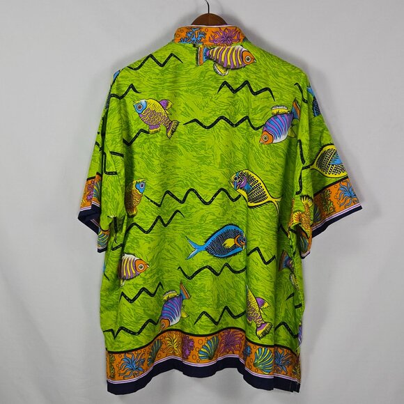 Rima International Fish Print Hawaiian Shirt 2XL Green Short Sleeve‎ Beachwear - Picture 2 of 12